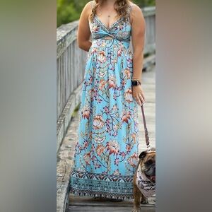 Angie Blue Floral Boho Maxi Dress Size Large